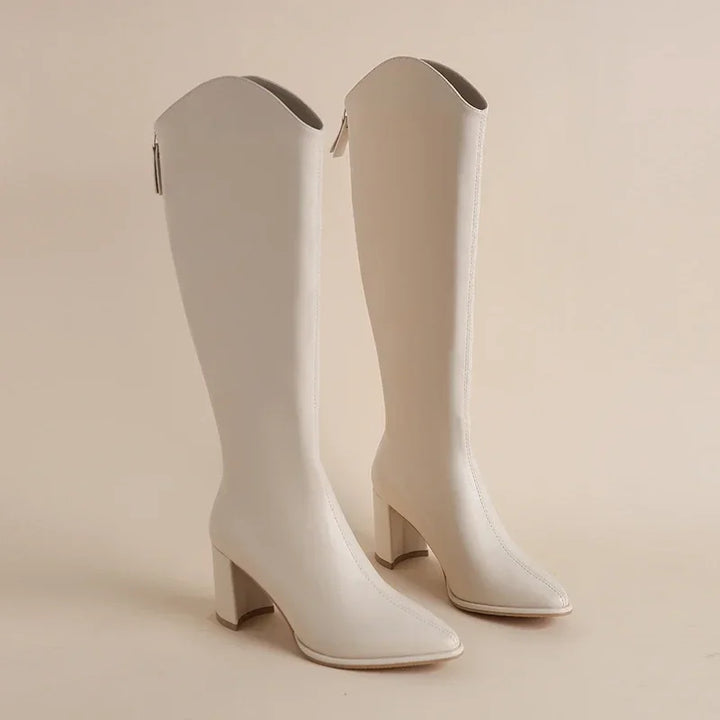 Fashionable women's knee-high boots. Comfortable block heel, pointed toe, & easy back zip.