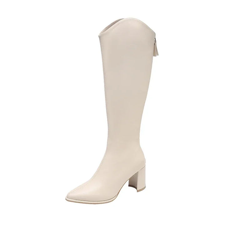 Sophisticated women's black block heel knee-high boots, featuring a pointed toe & convenient back zip.