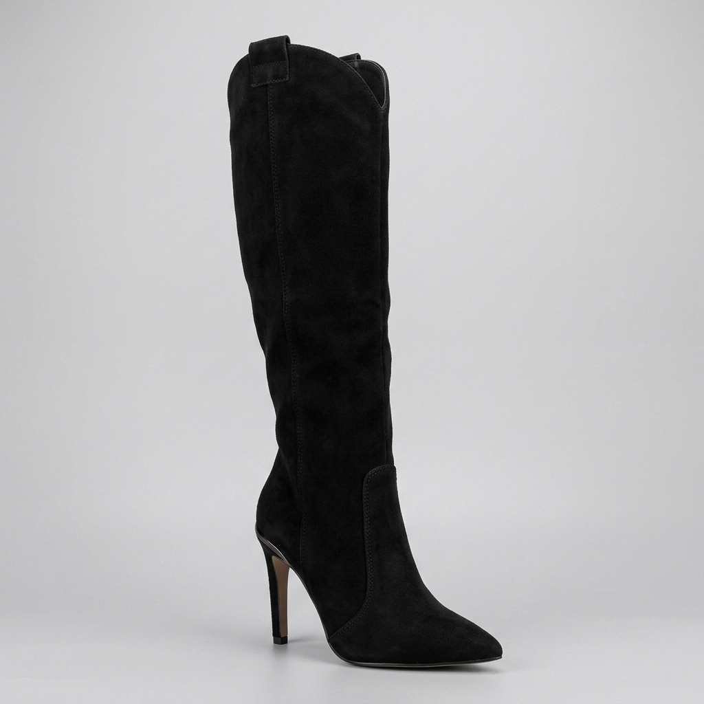 Elegant women's dress boots: knee-high, pointed toe, and a slender high stiletto heel.
