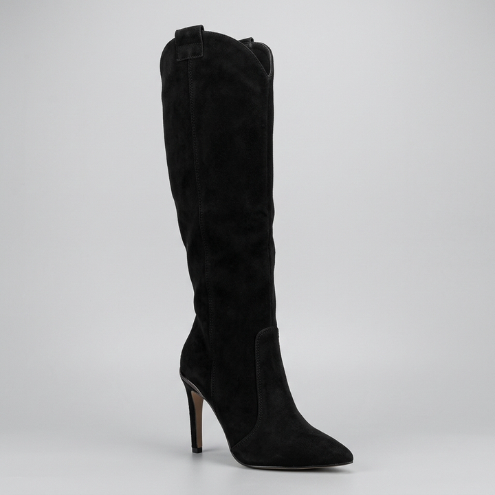 Elegant women's dress boots: knee-high, pointed toe, and a slender high stiletto heel.