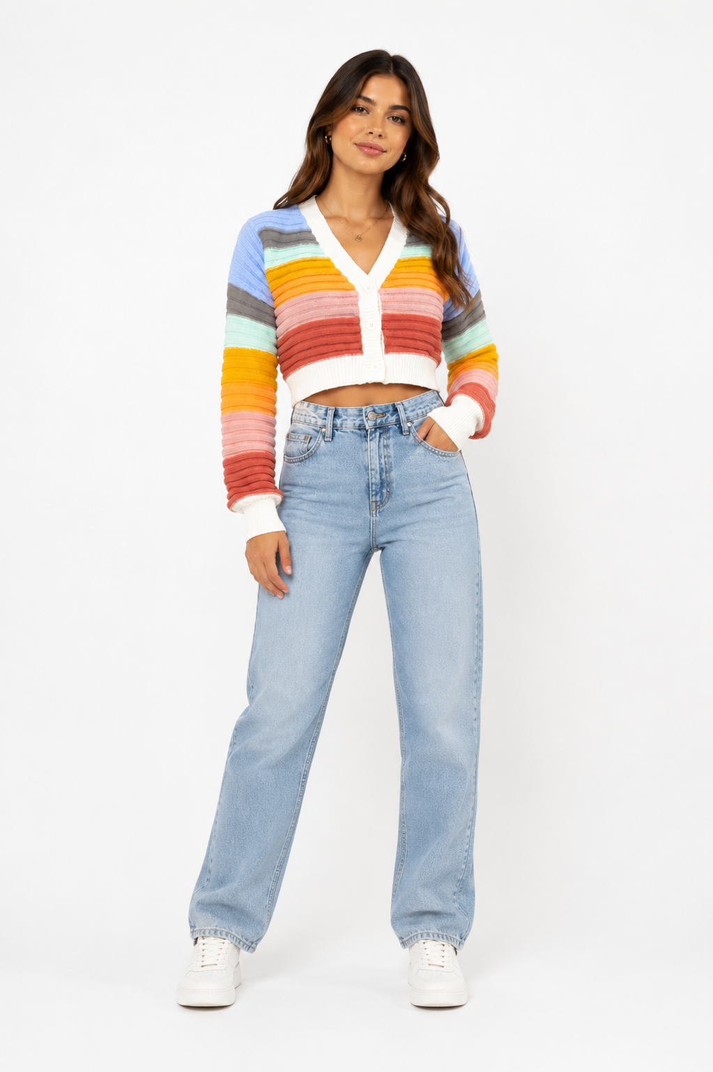 Colorful women's casual rainbow stripe V-neck cardigan with functional button-up design.