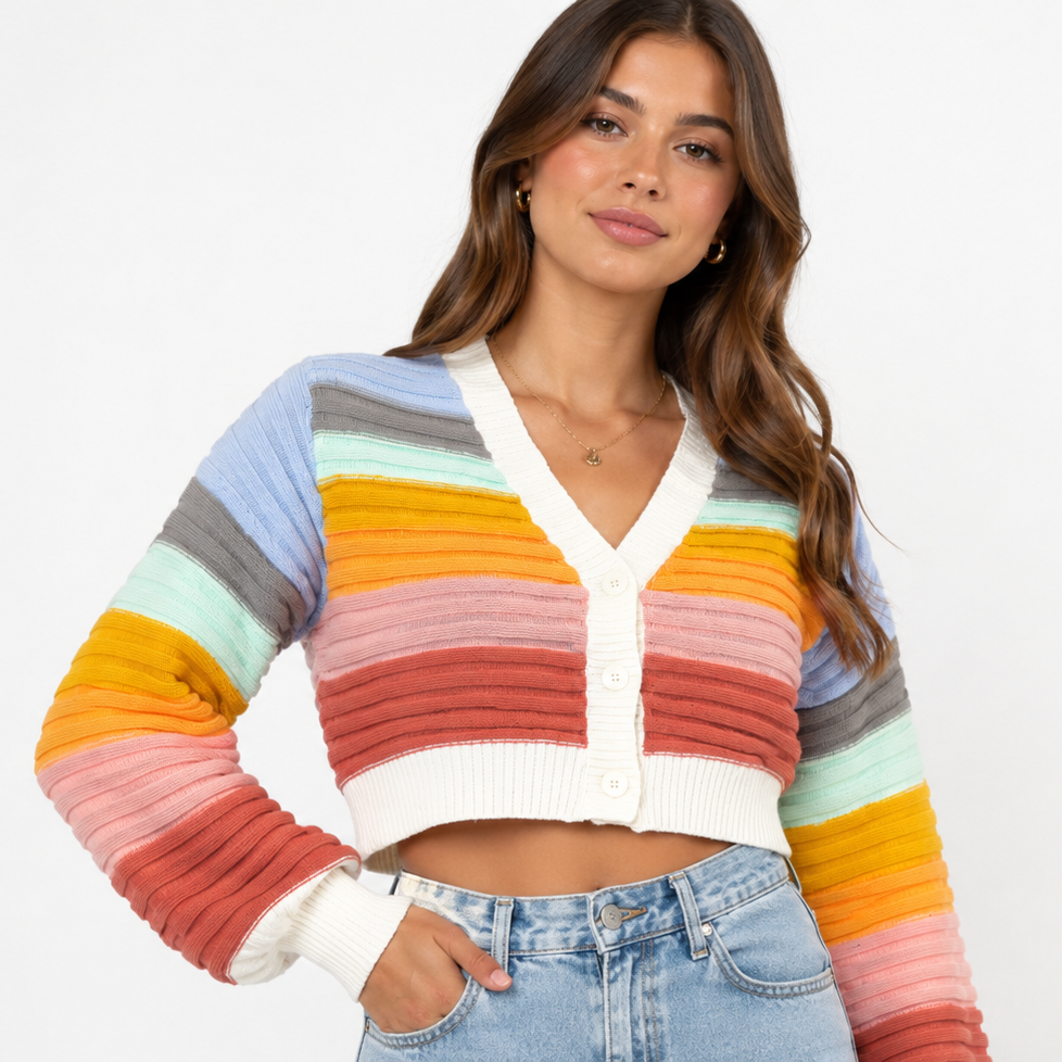 Women's rainbow stripe V-neck button-up cardigan for a colorful casual look.