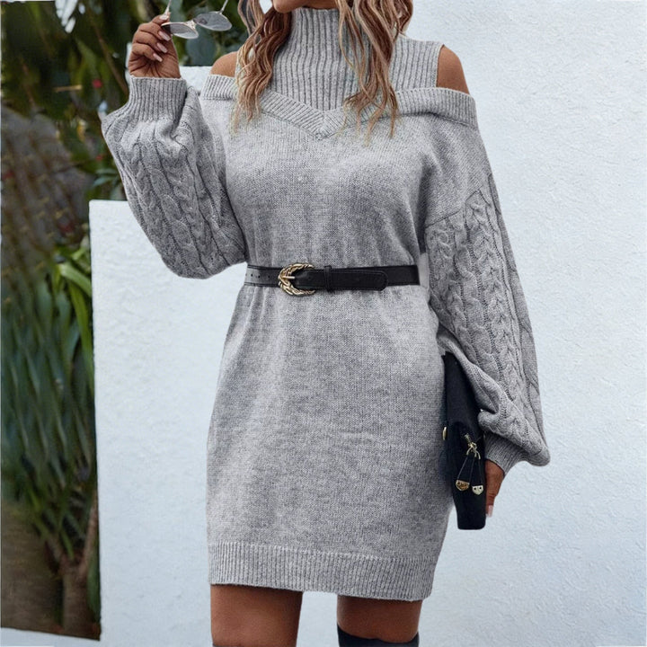 Cozy roll neck knit midi dress for women, featuring long sleeves. Stylish winter fashion apparel.