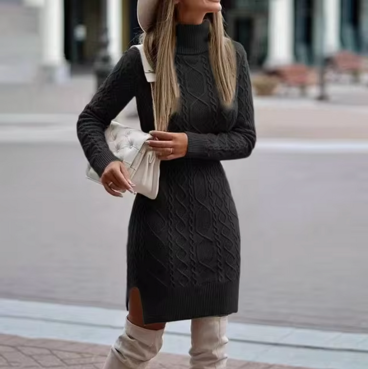 Versatile black women's long sleeve knit turtleneck midi dress; a comfy, textured option for casual winter fashion.