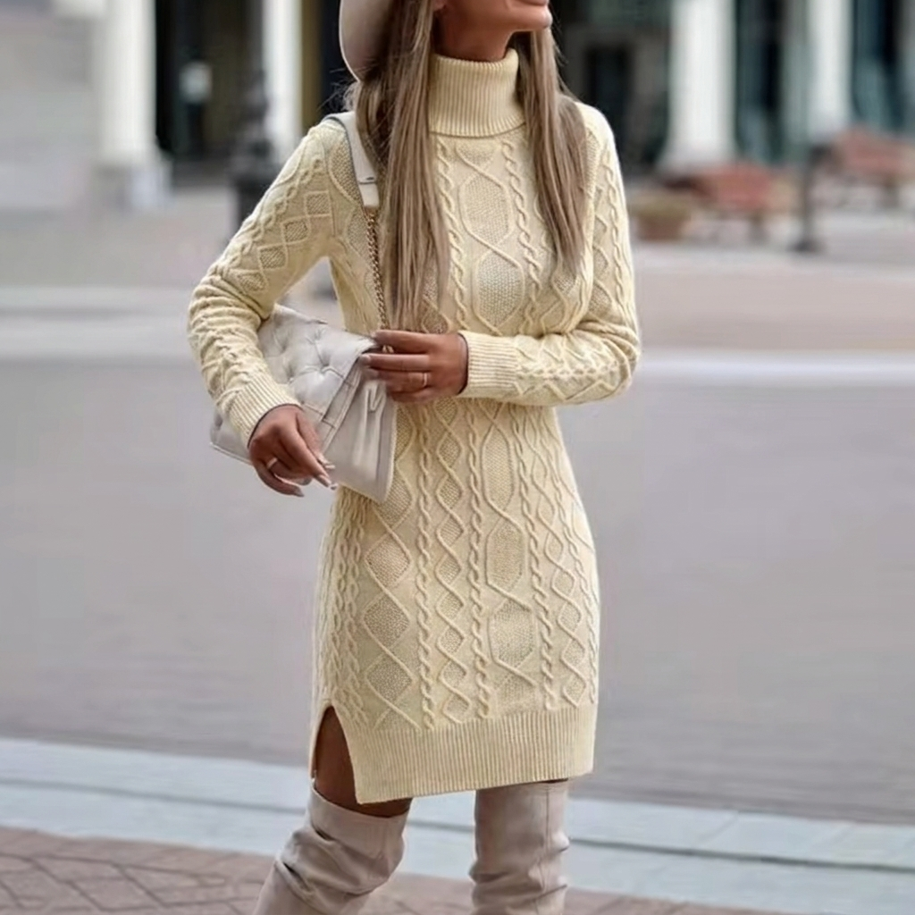 Elegant women's apricot knit turtleneck midi dress with long sleeves, perfect for winter comfort and style.