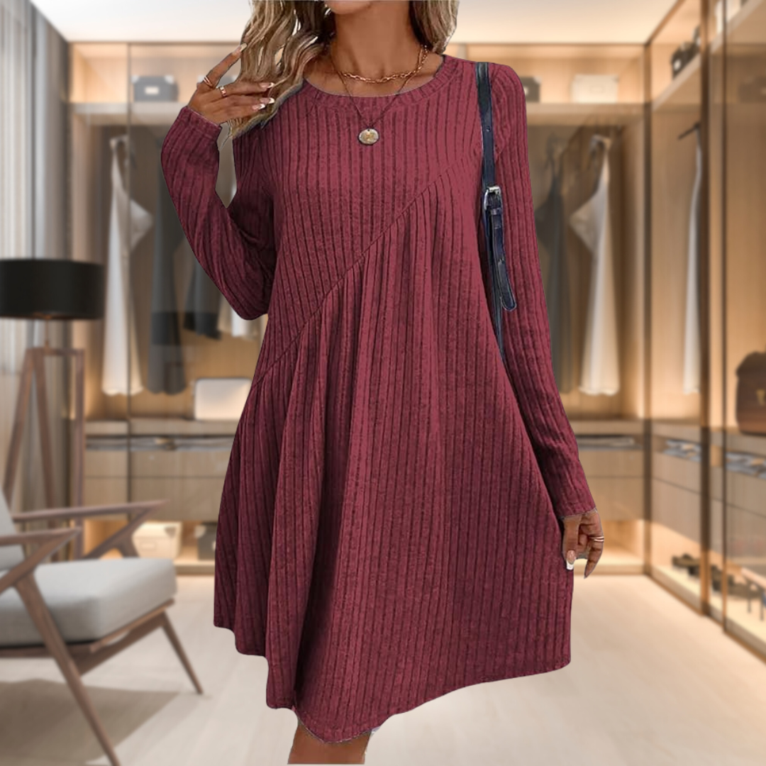 Comfortable long sleeve knit dress for women, a versatile midi style with a round neck for casual everyday wear.