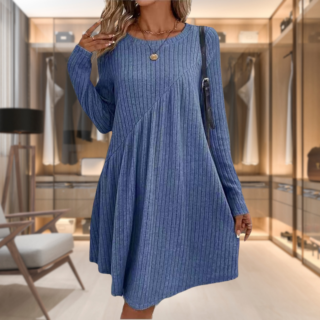 Soft knit long sleeve midi dress for women, an A-line casual style with a round neck, great for fall fashion.