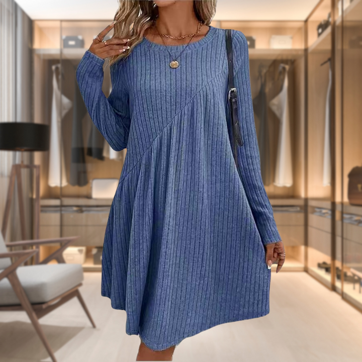 Soft knit long sleeve midi dress for women, an A-line casual style with a round neck, great for fall fashion.