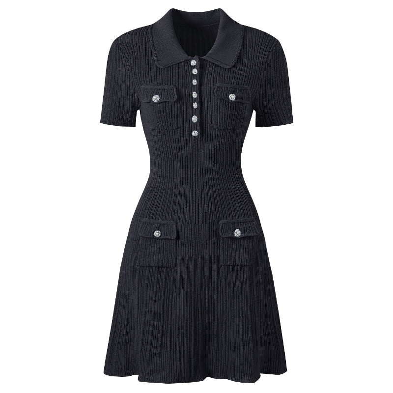 Soft ribbed knit women's mini dress, featuring a stylish polo collar, short sleeves, and functional pockets.
