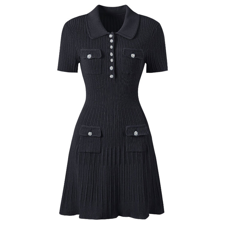 Soft ribbed knit women's mini dress, featuring a stylish polo collar, short sleeves, and functional pockets.