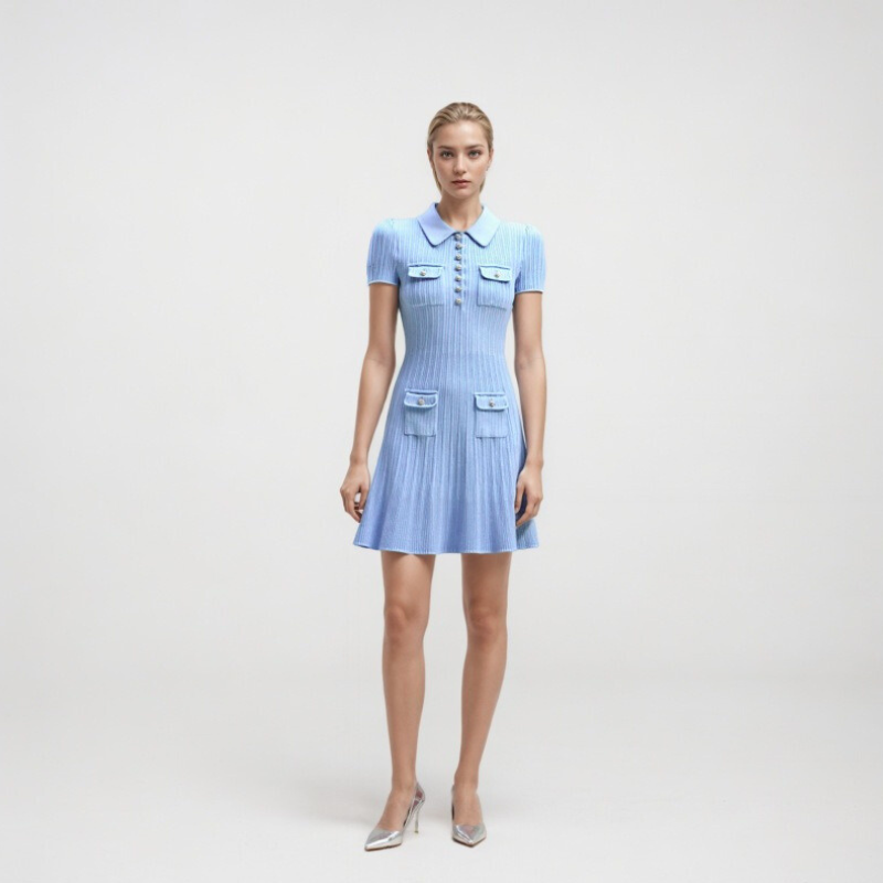 Retro fit and flare ribbed knit mini dress for women, featuring a polo collar and practical pockets.