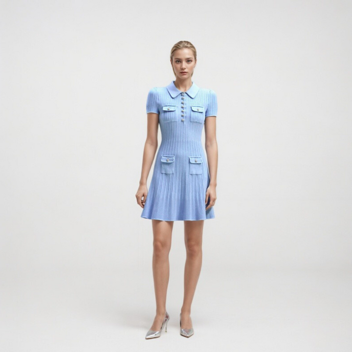 Retro fit and flare ribbed knit mini dress for women, featuring a polo collar and practical pockets.