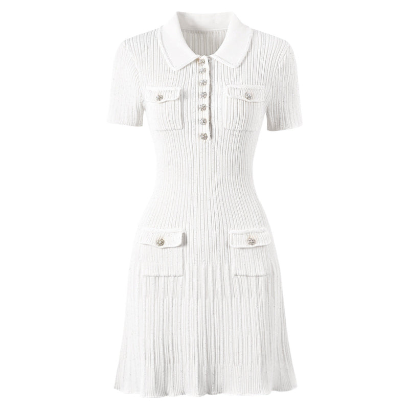 Elegant black women's ribbed knit polo mini dress, versatile for casual or dressed-up looks, with pockets.