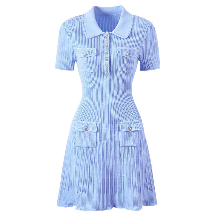 Women's ribbed knit polo mini dress with short sleeves and convenient pockets.