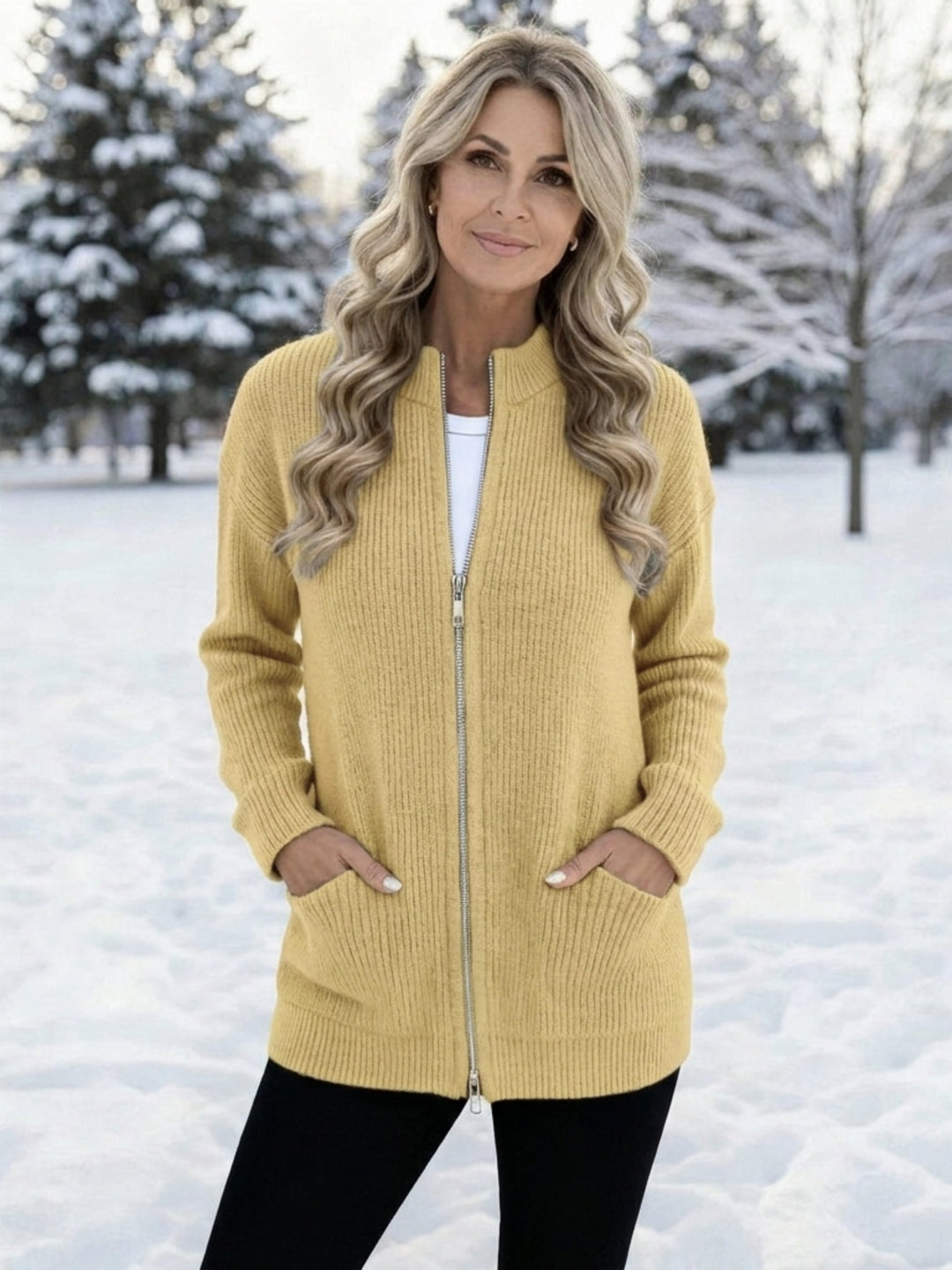 Warm women's long snow jacket with a zip front and utility pockets, perfect for cold weather outerwear.