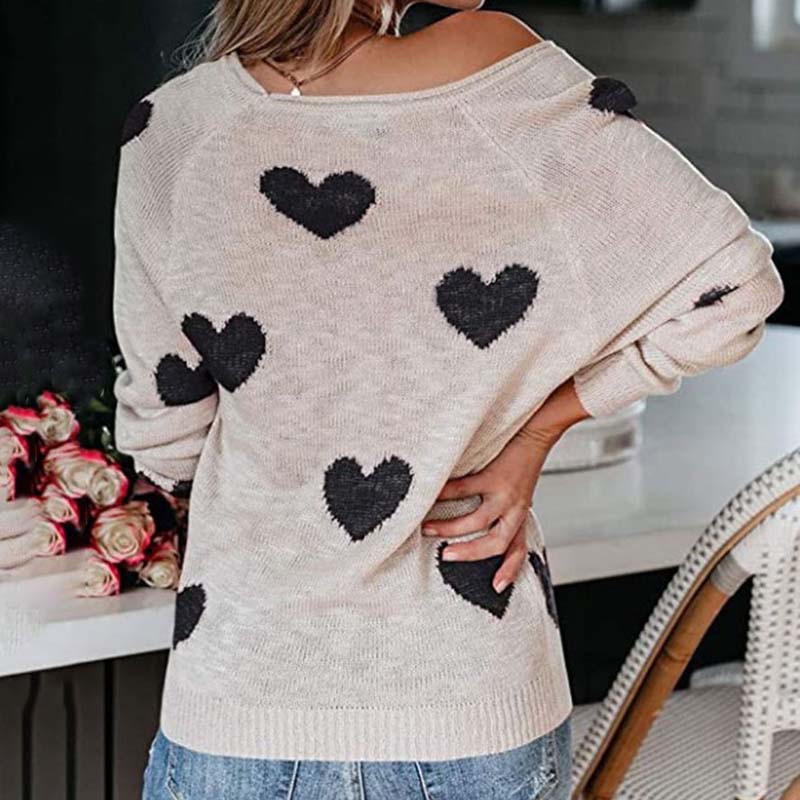 Women's casual knit V-neck sweater, long sleeve, with a charming heart print motif.