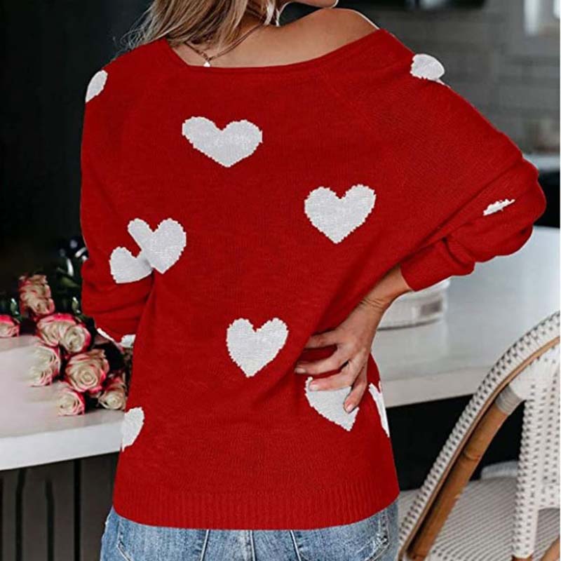 Women's V-neck knit sweater, a stylish heart print design for cozy casual outfits.