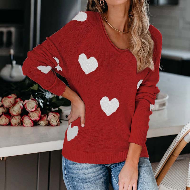 Everyday women's V-neck heart print knit sweater. Long sleeve, comfortable winter wear.