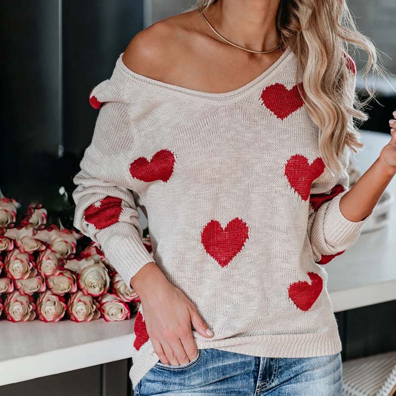 Everyday style: Women's V-neck knit sweater, heart print, long sleeve, cozy & elegant.