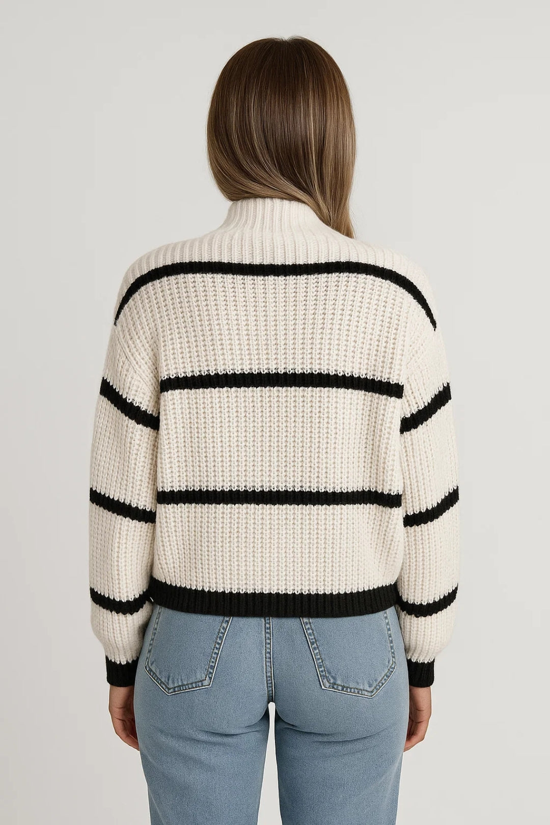 Comfortable women's striped mock neck knitwear. Versatile long-sleeve sweater for winter fashion & everyday style.