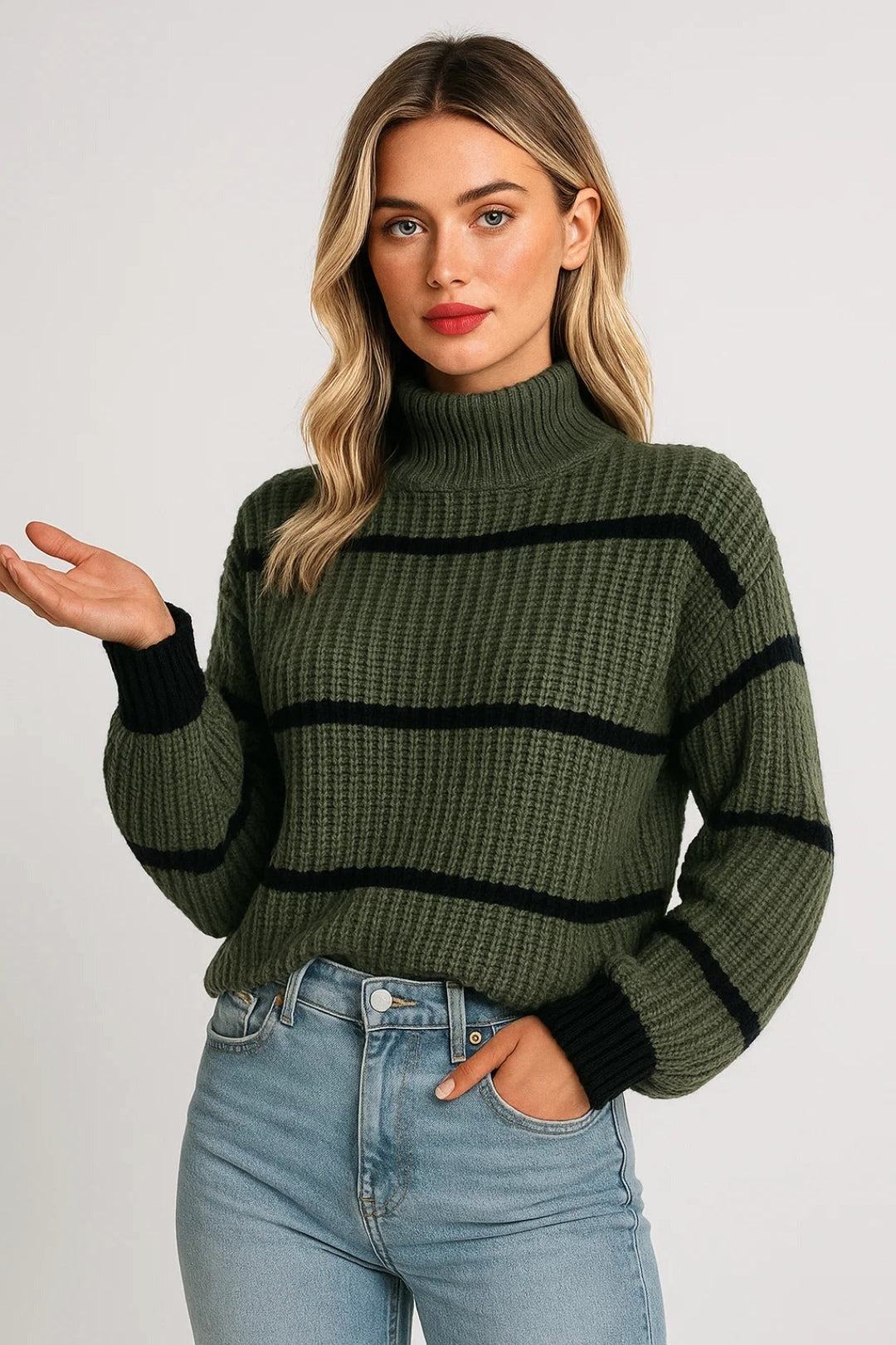 Soft women's striped mock neck knitted jumper. Warm, cozy long-sleeve sweater, ideal for chilly winter days.