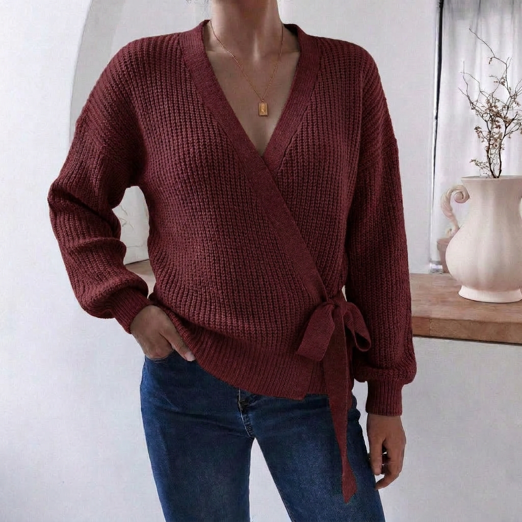 Soft women's casual knit with a flattering V-neck wrap design and adjustable tie waist. A must-have jumper.