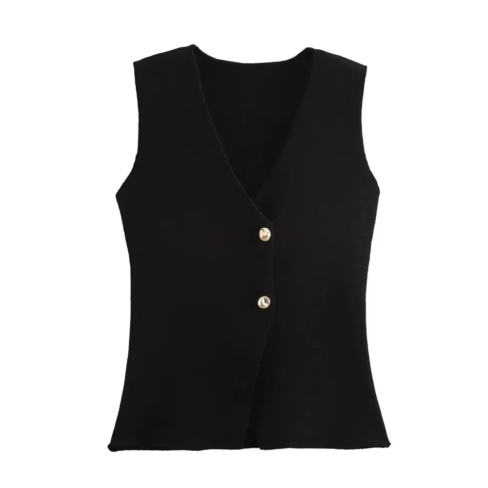 Elegant women's V-neck knitted vest with button closure, perfect for effortless layering and sophisticated daily wear.