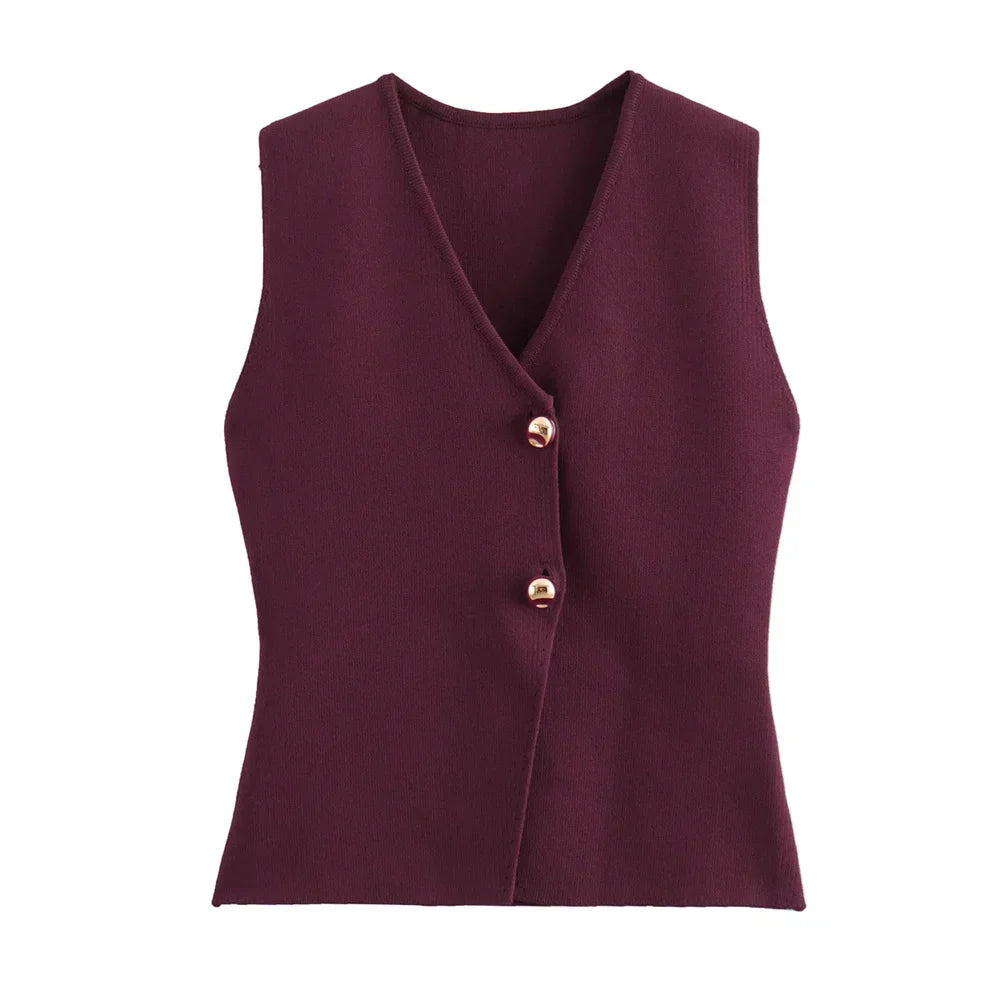 Chic women's V-neck button-front knitted layering vest, ideal for versatile everyday fashion.