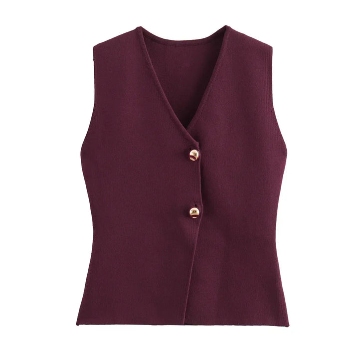 Chic women's V-neck button-front knitted layering vest, ideal for versatile everyday fashion.