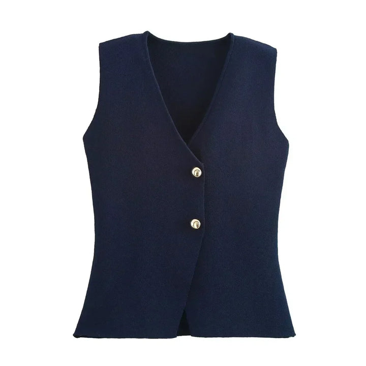 Textured knit V-neck button-front vest for women. Chic sleeveless top, versatile for modern fashion.