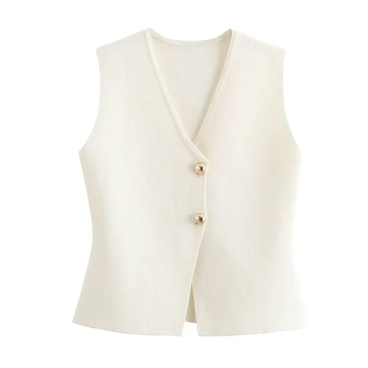Women's chic V-neck button-front knitted vest. Perfect for effortless layering and versatile daily wear.