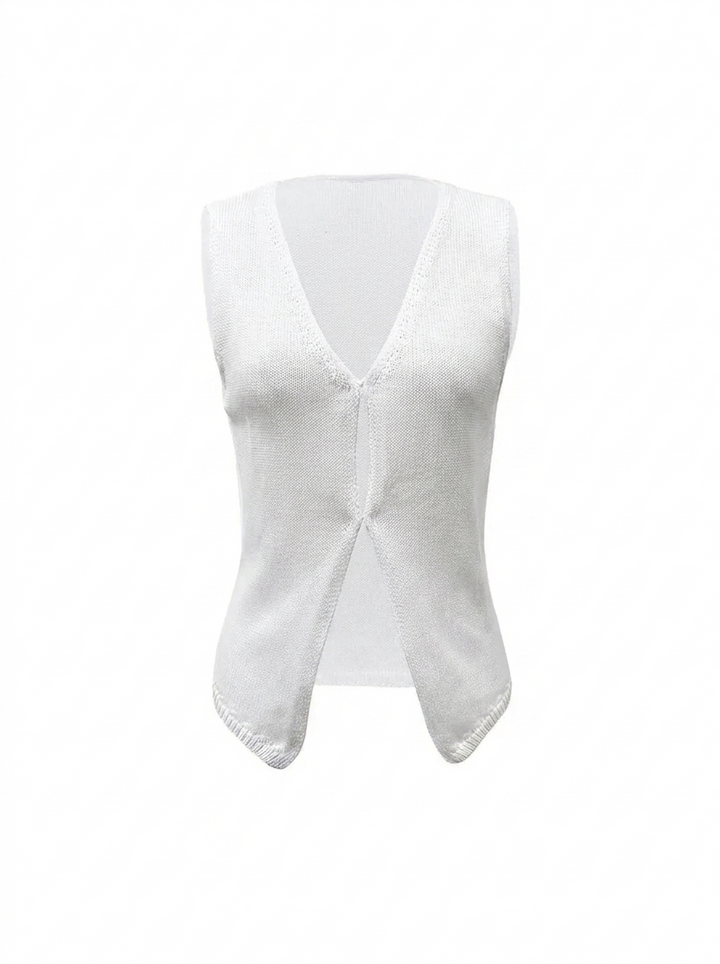 Deep V-neck knitted vest top for women. Sleeveless, sculptural hem, perfect for summer & spring layering.