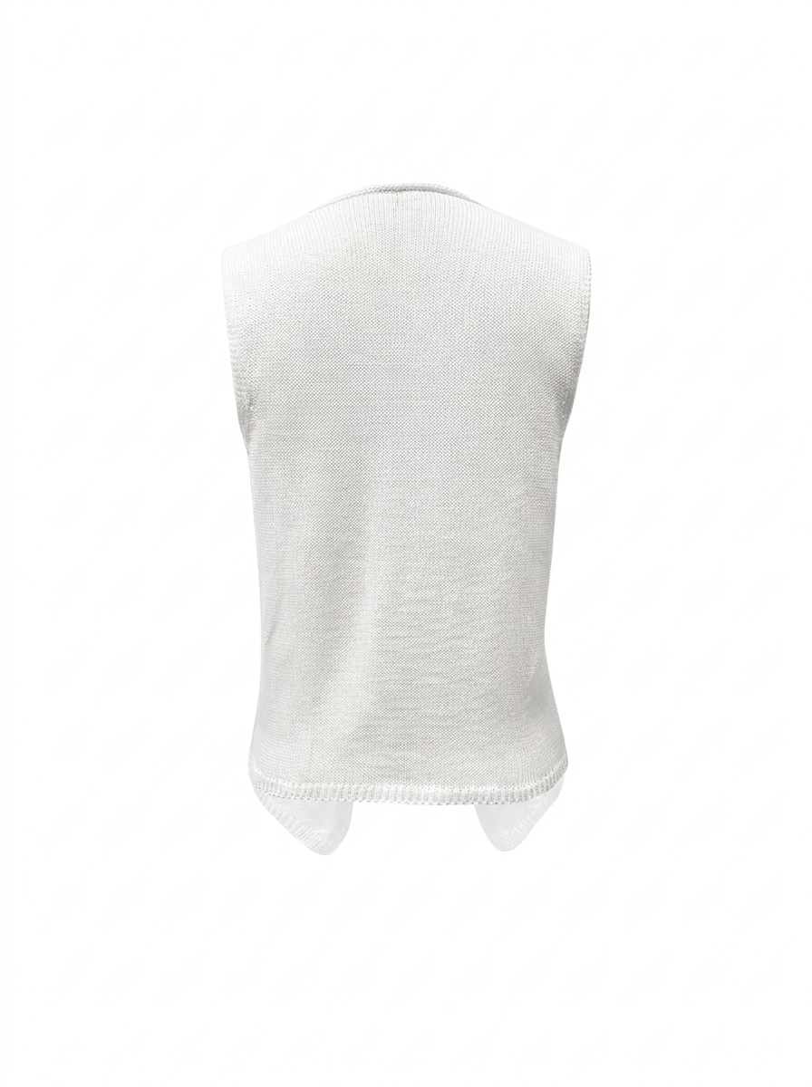 Elegant women's sleeveless V-neck vest top. Knitted fabric with a modern, sculpted hem. Versatile and chic.