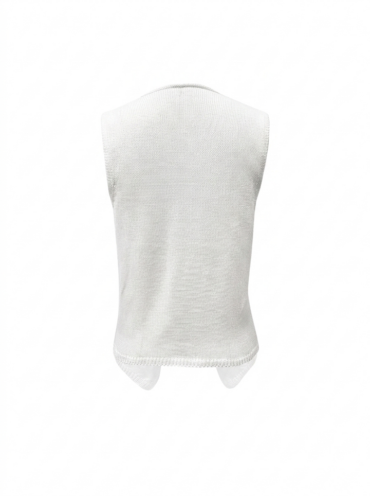 Elegant women's sleeveless V-neck vest top. Knitted fabric with a modern, sculpted hem. Versatile and chic.