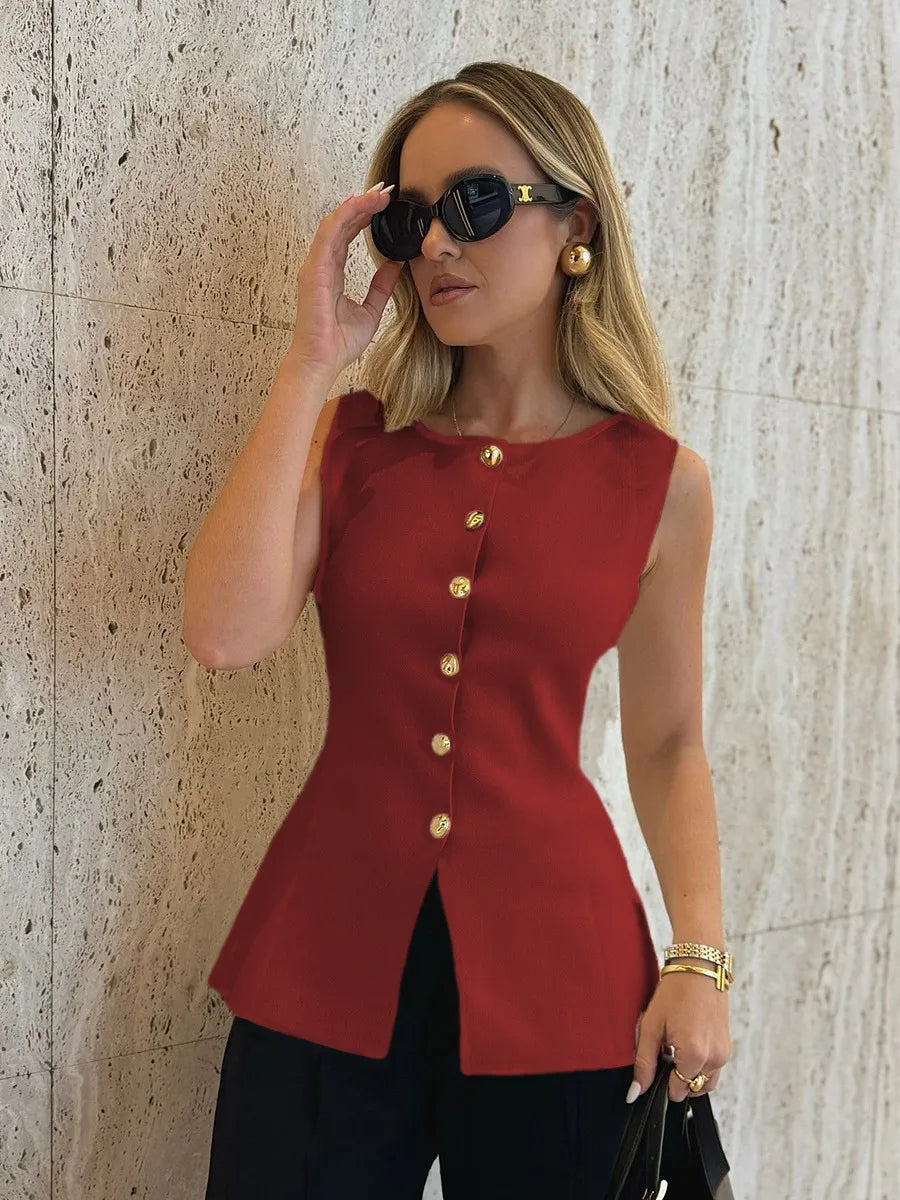 Elegant women's tailored button-front vest, knitted for comfort, featuring a stylish split hem. Day to night wear.