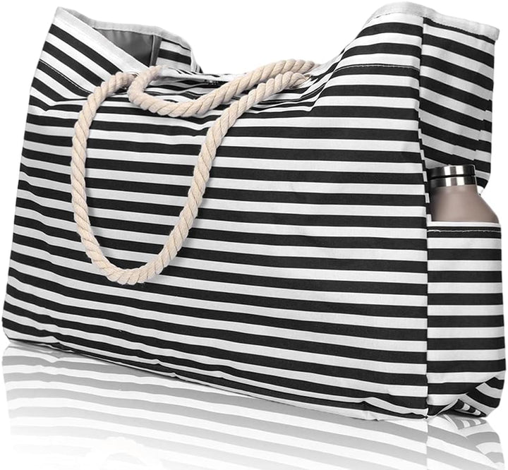 Women's large striped summer beach tote bag, ideal for vacation, travel, or resort style.