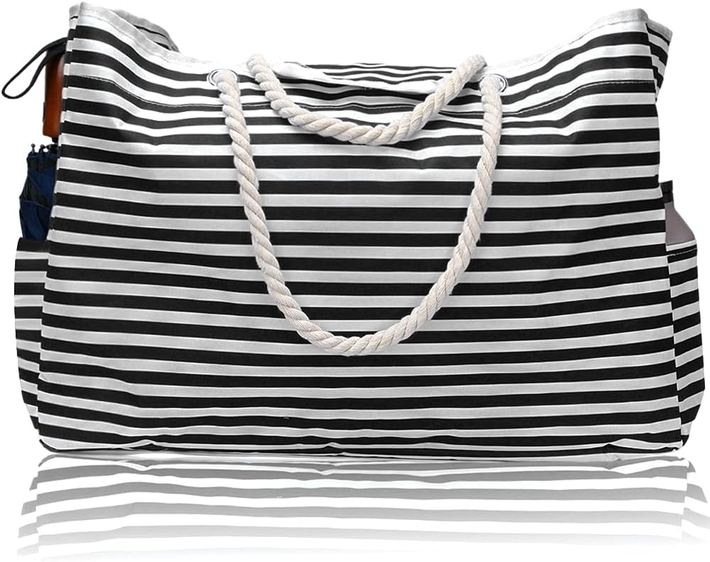 Spacious women's striped beach bag with sturdy rope handles for all your summer essentials.