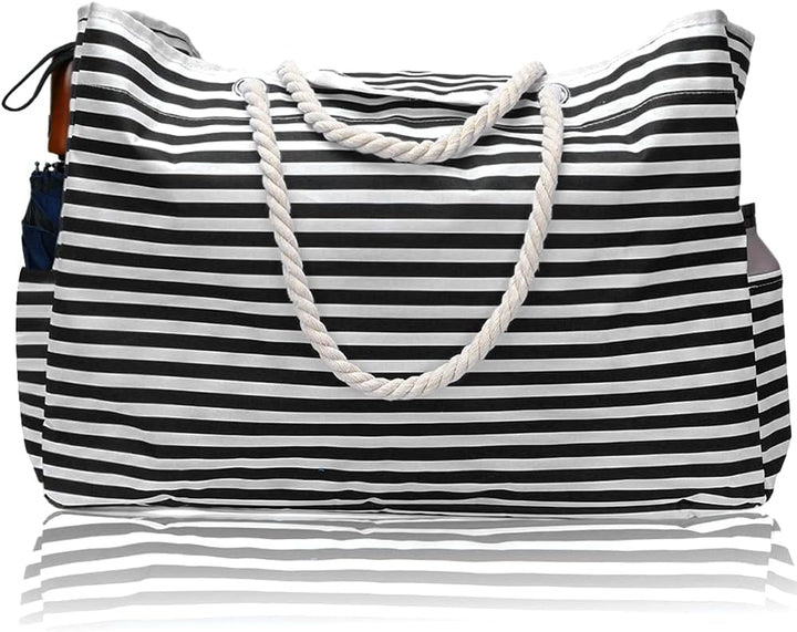 Spacious women's striped beach bag with sturdy rope handles for all your summer essentials.