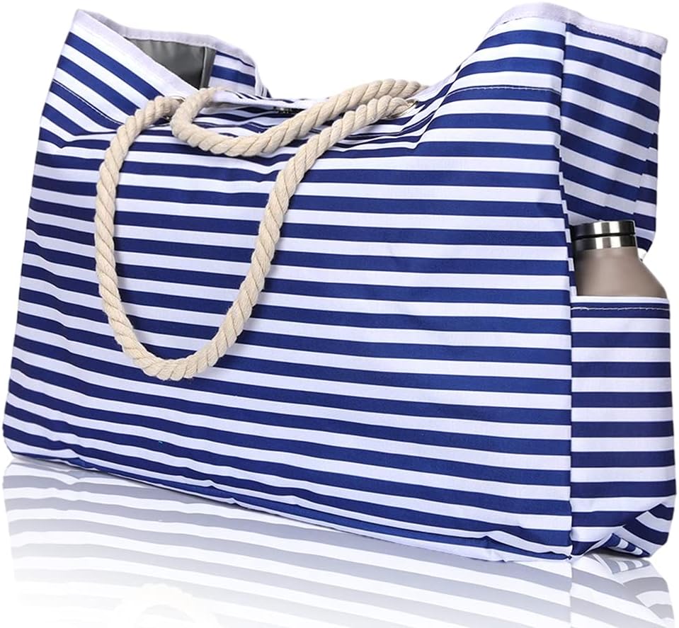 Versatile large striped women's tote bag with rope handles, great for beach, travel, or everyday summer use.