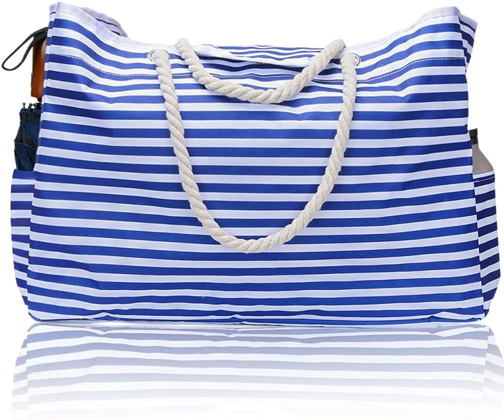 Essential women's striped beach bag, a large capacity summer tote with strong rope handles for vacation.