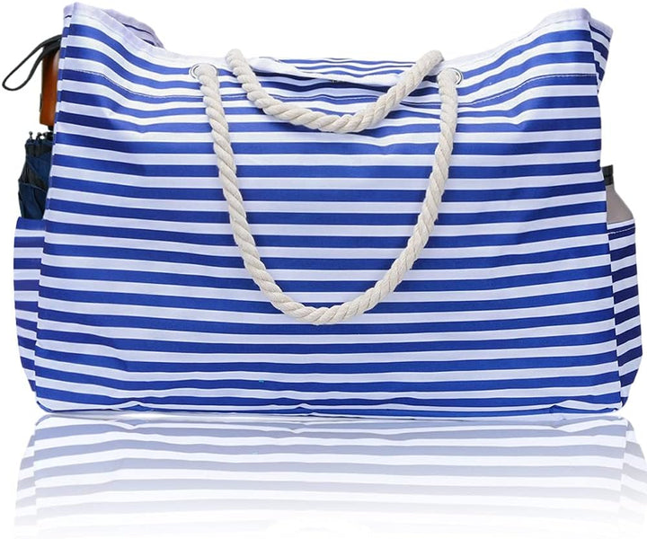 Essential women's striped beach bag, a large capacity summer tote with strong rope handles for vacation.