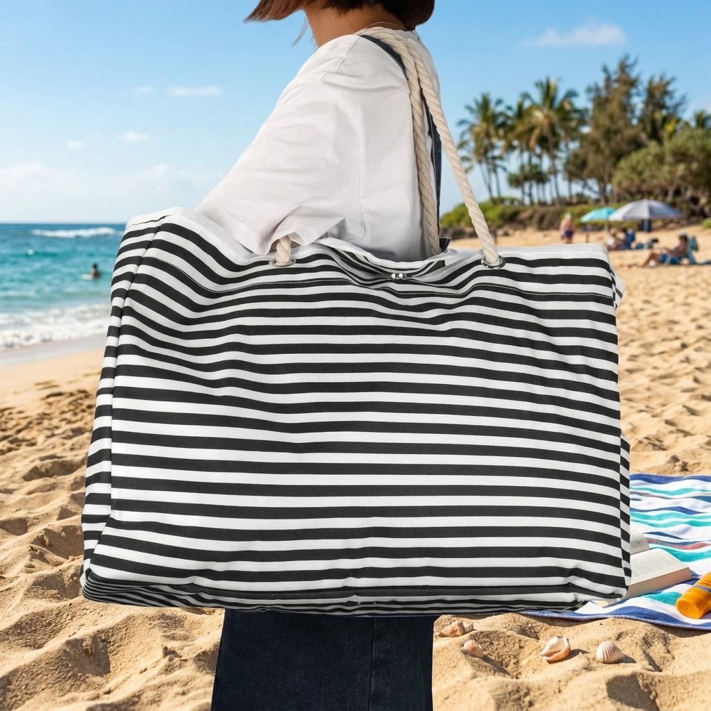 Large striped beach bag for women with comfortable rope handles, perfect summer tote.