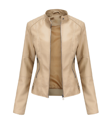 Versatile women's mandarin collar leather jacket, perfect for fall fashion, spring style, & casual wear.