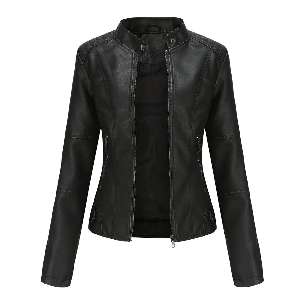 Close-up of a women's chic mandarin collar leather jacket, highlighting the unique neckline & edgy design.