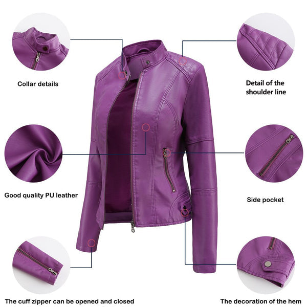 Elegant women's mandarin collar leather jacket, a high-quality statement piece for sophisticated edgy style.