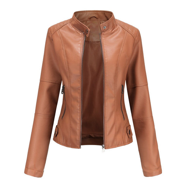 Stylish women's mandarin collar leather biker jacket, an edgy statement piece for versatile casual fashion.