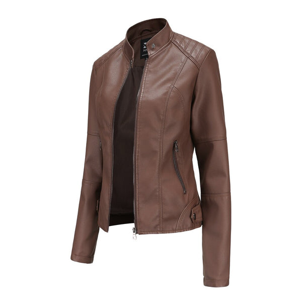 Women wearing a stylish mandarin collar leather jacket, showcasing its flattering fit & chic outerwear appeal.