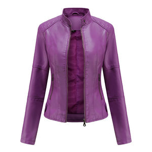 Comfortable & chic women's mandarin collar leather jacket, ideal for versatile everyday outerwear.