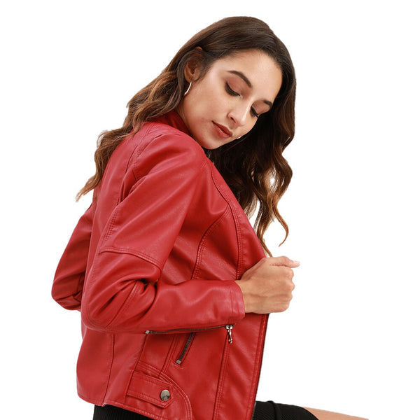 Women's chic mandarin collar leather jacket, edgy & stylish outerwear for modern fashion.