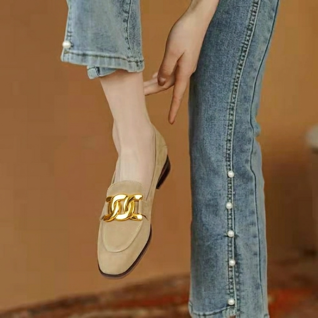 Effortless women's slip-on loafers with elegant chain trim, fashionable and comfortable workwear flats.